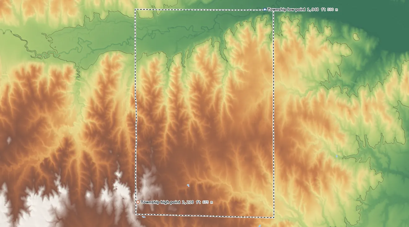 Topographic elevation map of Banner Township, Kansas, shaded from 1,940 ft on the northeast side to 2,210 ft on the southwest side