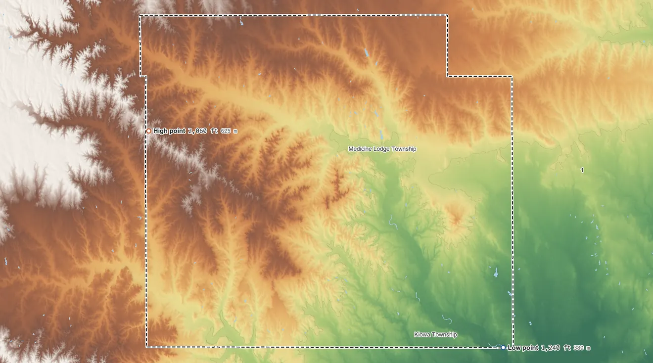 Topographic elevation map of Barber County, Kansas, shaded from 1,240 ft on the southeast side to 2,060 ft on the west side