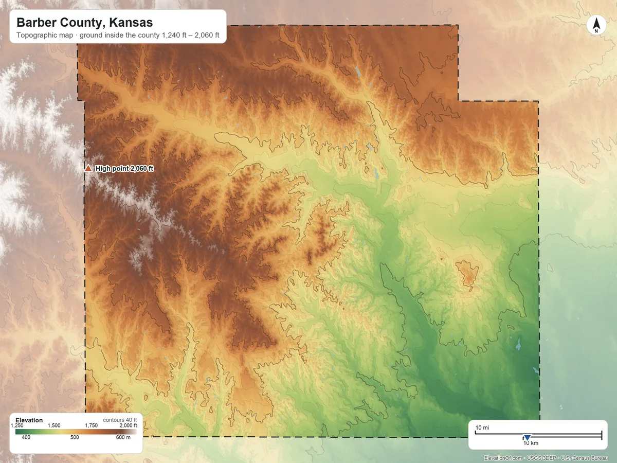 Topographic elevation map of Barber County, Kansas, shaded from 1,240 ft on the southeast side to 2,060 ft on the west side