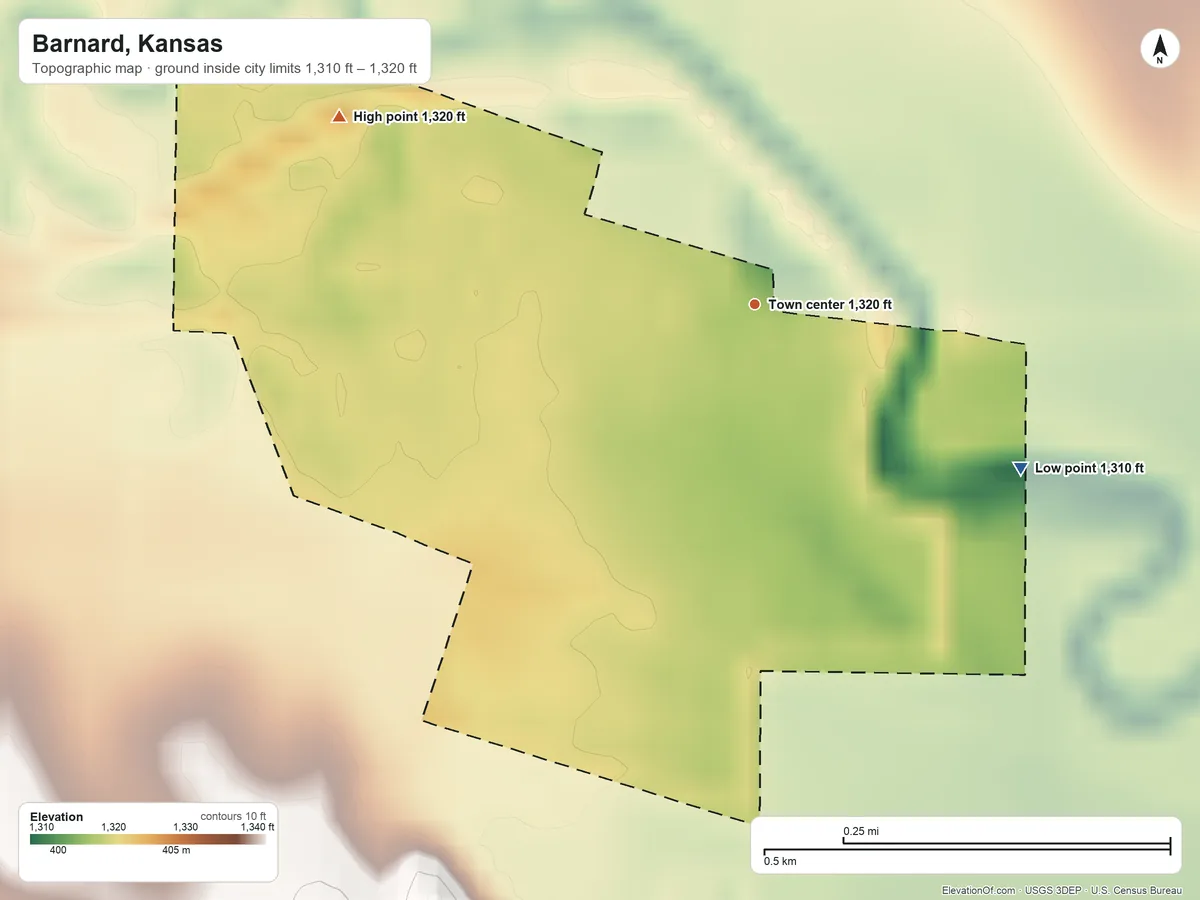 Topographic elevation map of Barnard, Kansas, shaded from 1,310 ft on the southeast side to 1,320 ft on the northwest side