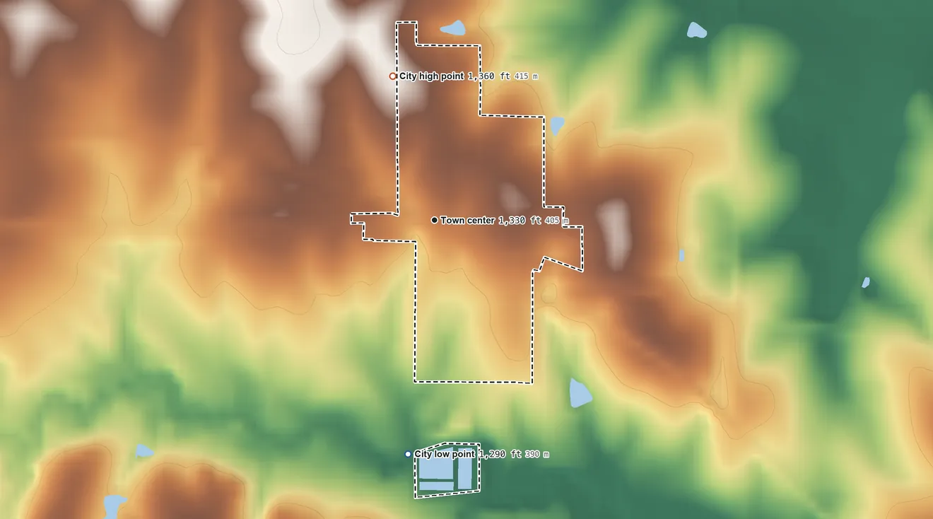 Topographic elevation map of Barnes, Kansas, shaded from 1,290 ft on the south side to 1,360 ft on the north side