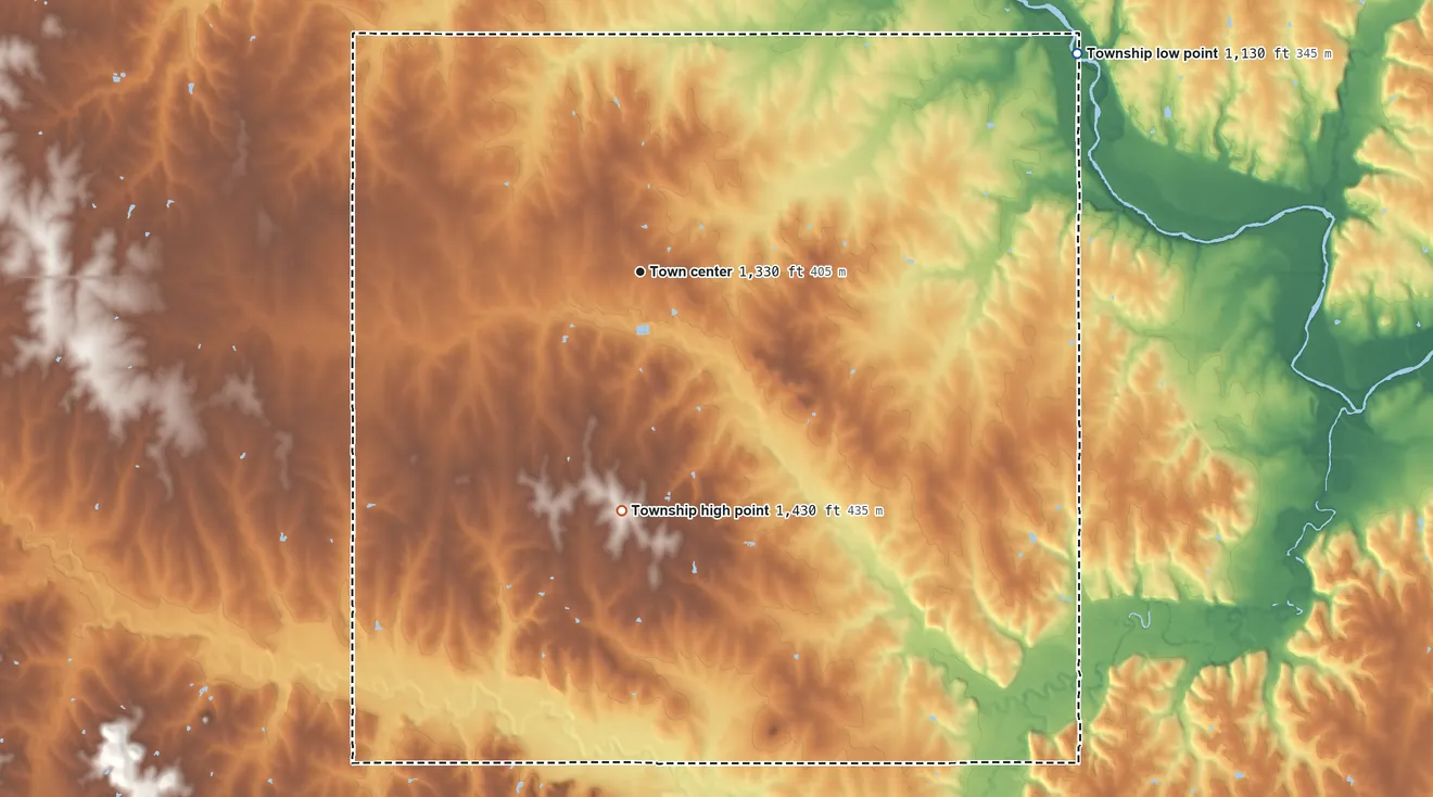 Topographic elevation map of Barnes Township, Kansas, shaded from 1,130 ft on the northeast side to 1,430 ft on the south side