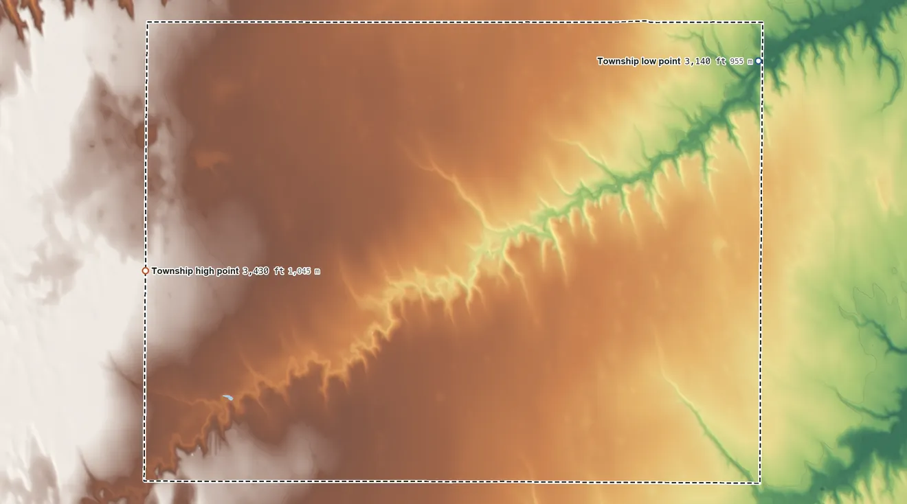 Topographic elevation map of Barrett Township, Kansas, shaded from 3,140 ft on the northeast side to 3,430 ft on the northwest side