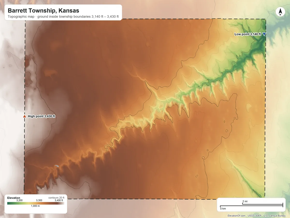 Topographic elevation map of Barrett Township, Kansas, shaded from 3,140 ft on the northeast side to 3,430 ft on the northwest side