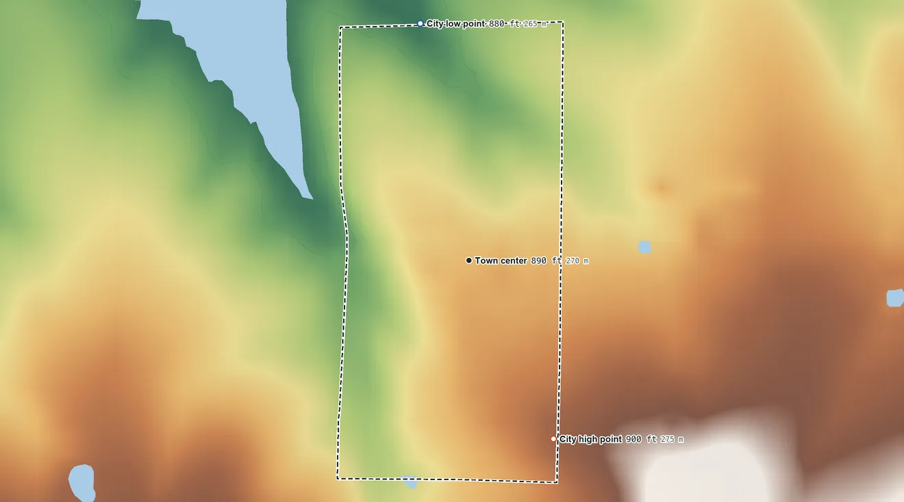 Topographic elevation map of Bartlett, Kansas, shaded from 880 ft on the north side to 900 ft on the southeast side
