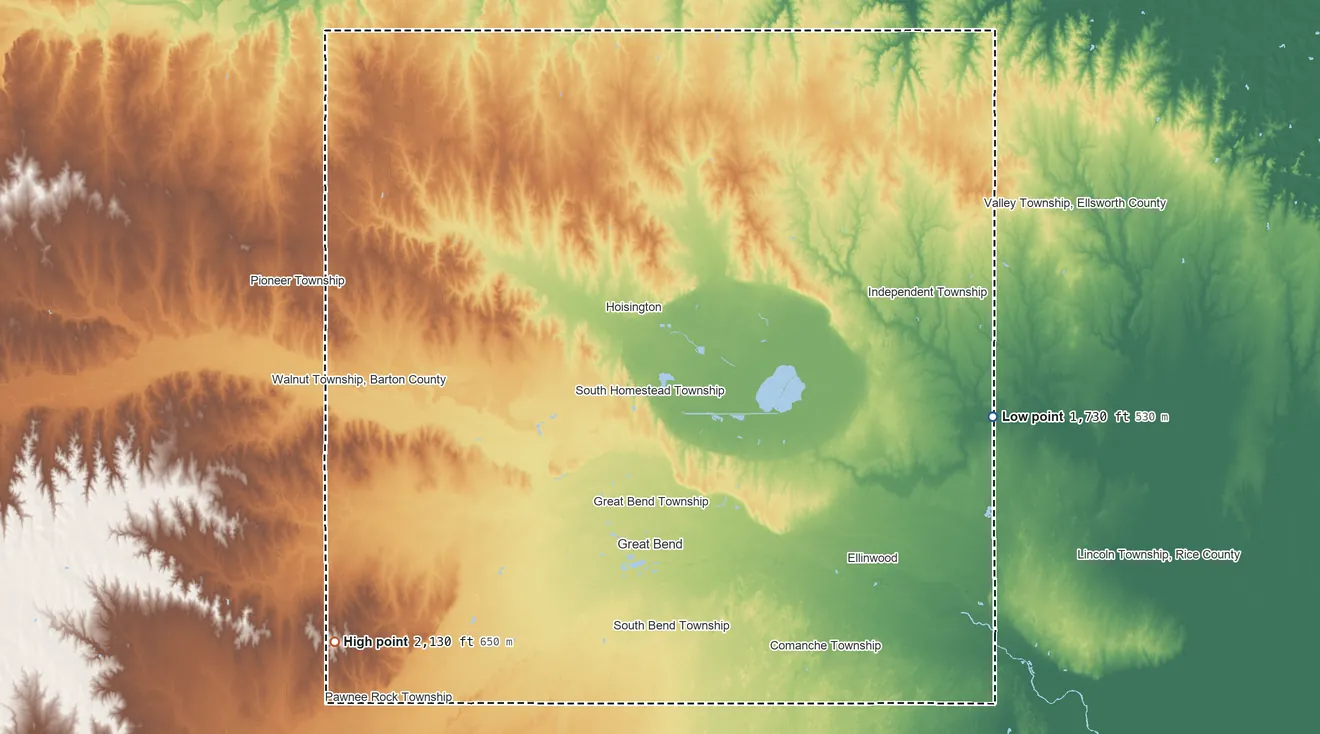 Topographic elevation map of Barton County, Kansas, shaded from 1,730 ft on the east side to 2,130 ft on the southwest side