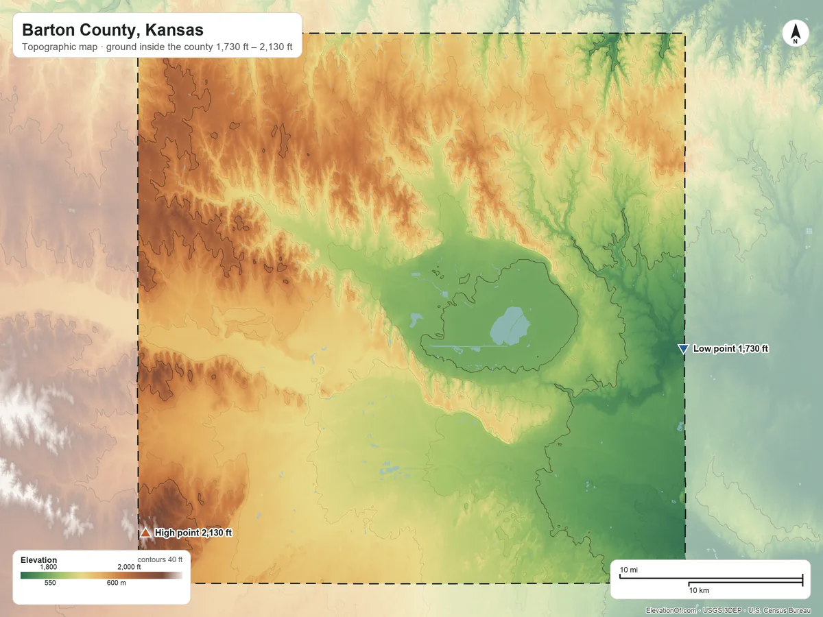 Topographic elevation map of Barton County, Kansas, shaded from 1,730 ft on the east side to 2,130 ft on the southwest side