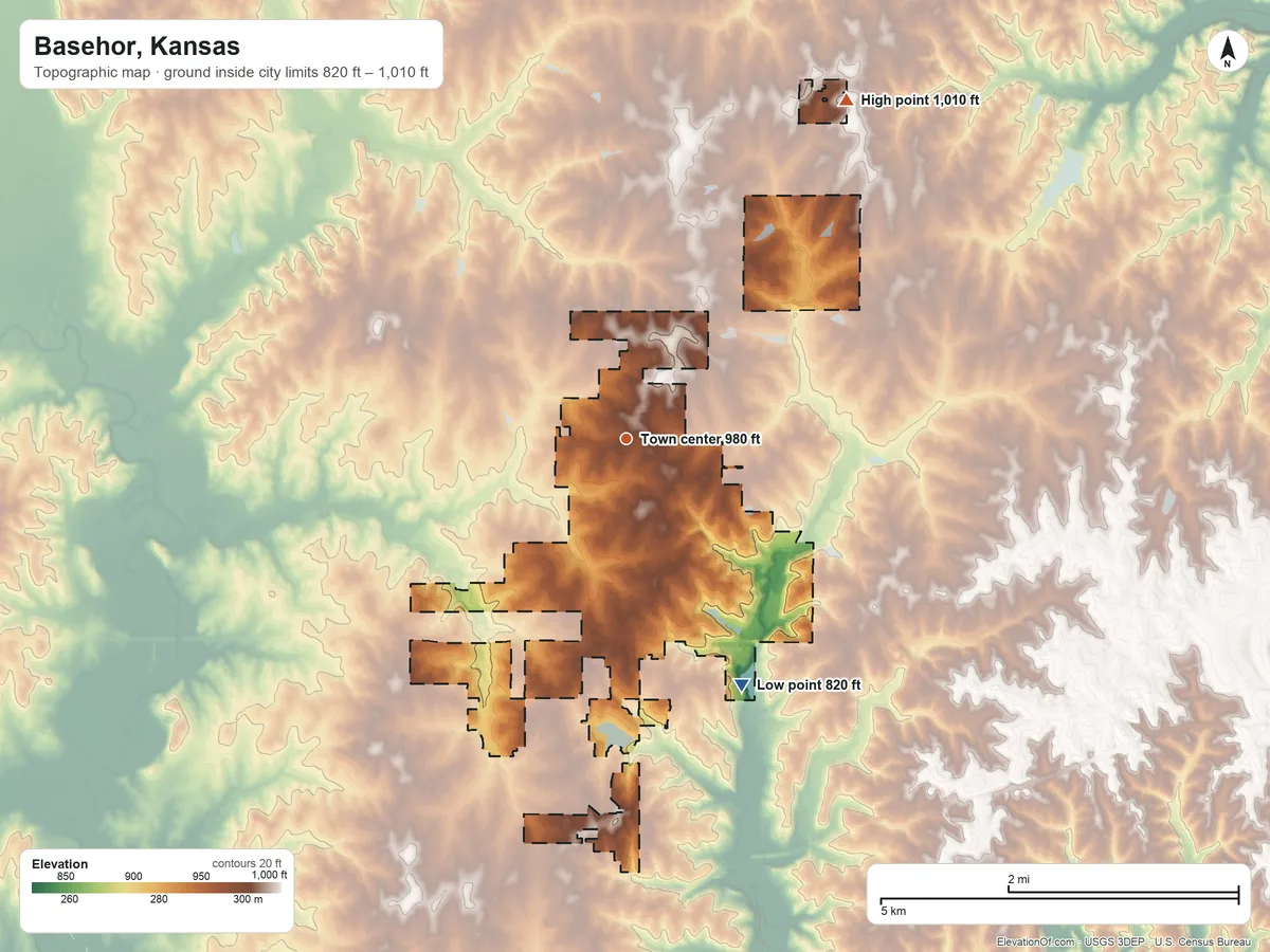 Topographic elevation map of Basehor, Kansas, shaded from 820 ft on the southeast side to 1,010 ft on the northeast side