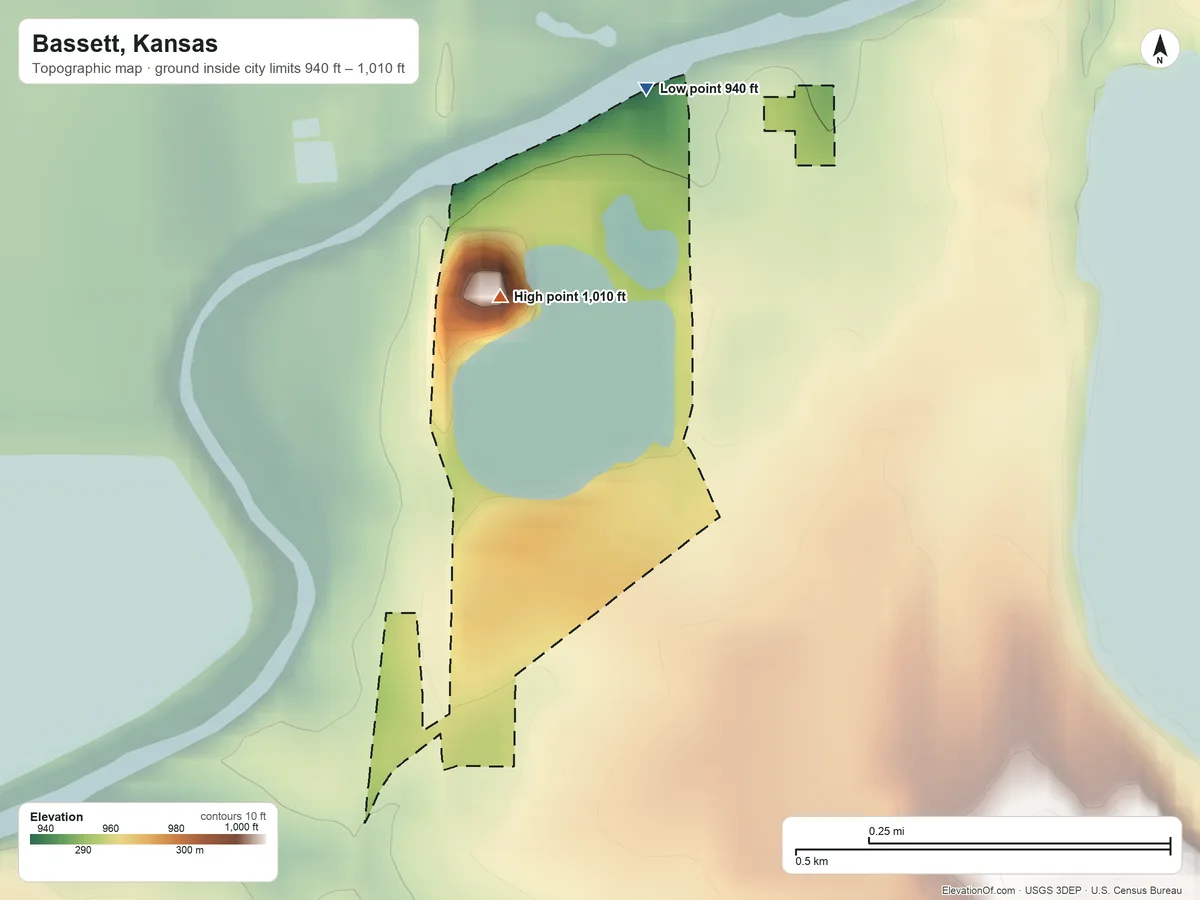 Topographic elevation map of Bassett, Kansas, shaded from 940 ft on the north side to 1,010 ft on the north side