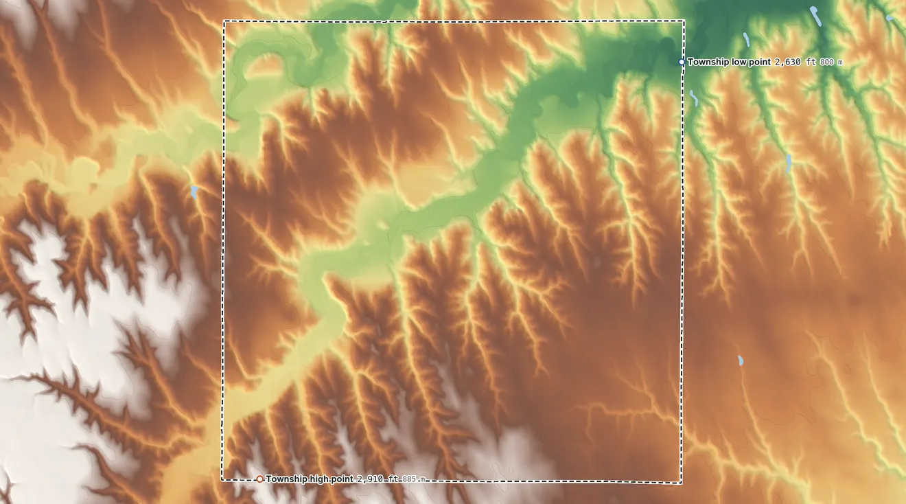 Topographic elevation map of Bassettville Township, Kansas, shaded from 2,630 ft on the northeast side to 2,910 ft on the southwest side
