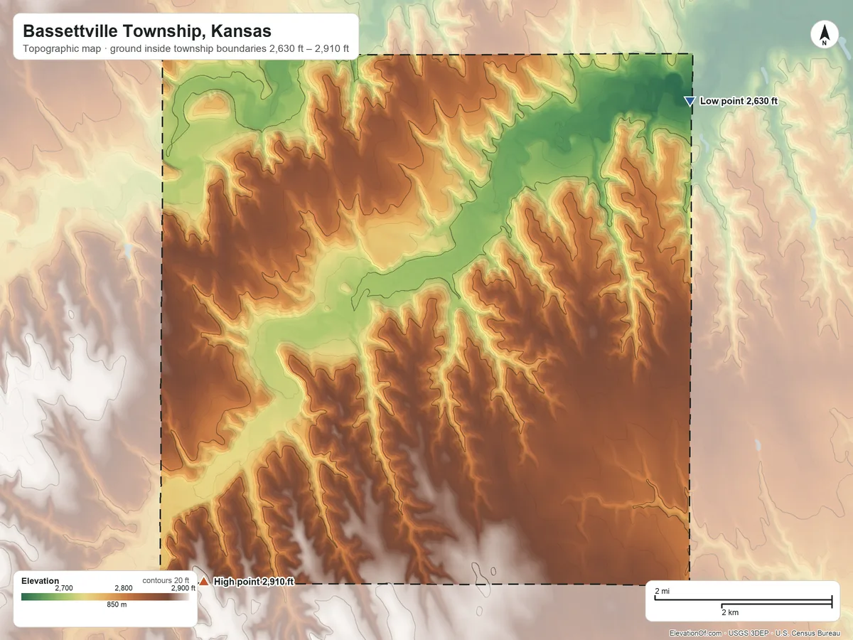 Topographic elevation map of Bassettville Township, Kansas, shaded from 2,630 ft on the northeast side to 2,910 ft on the southwest side