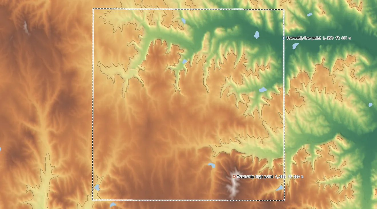 Topographic elevation map of Battle Creek Township, Kansas, shaded from 1,350 ft on the northeast side to 1,680 ft on the southeast side