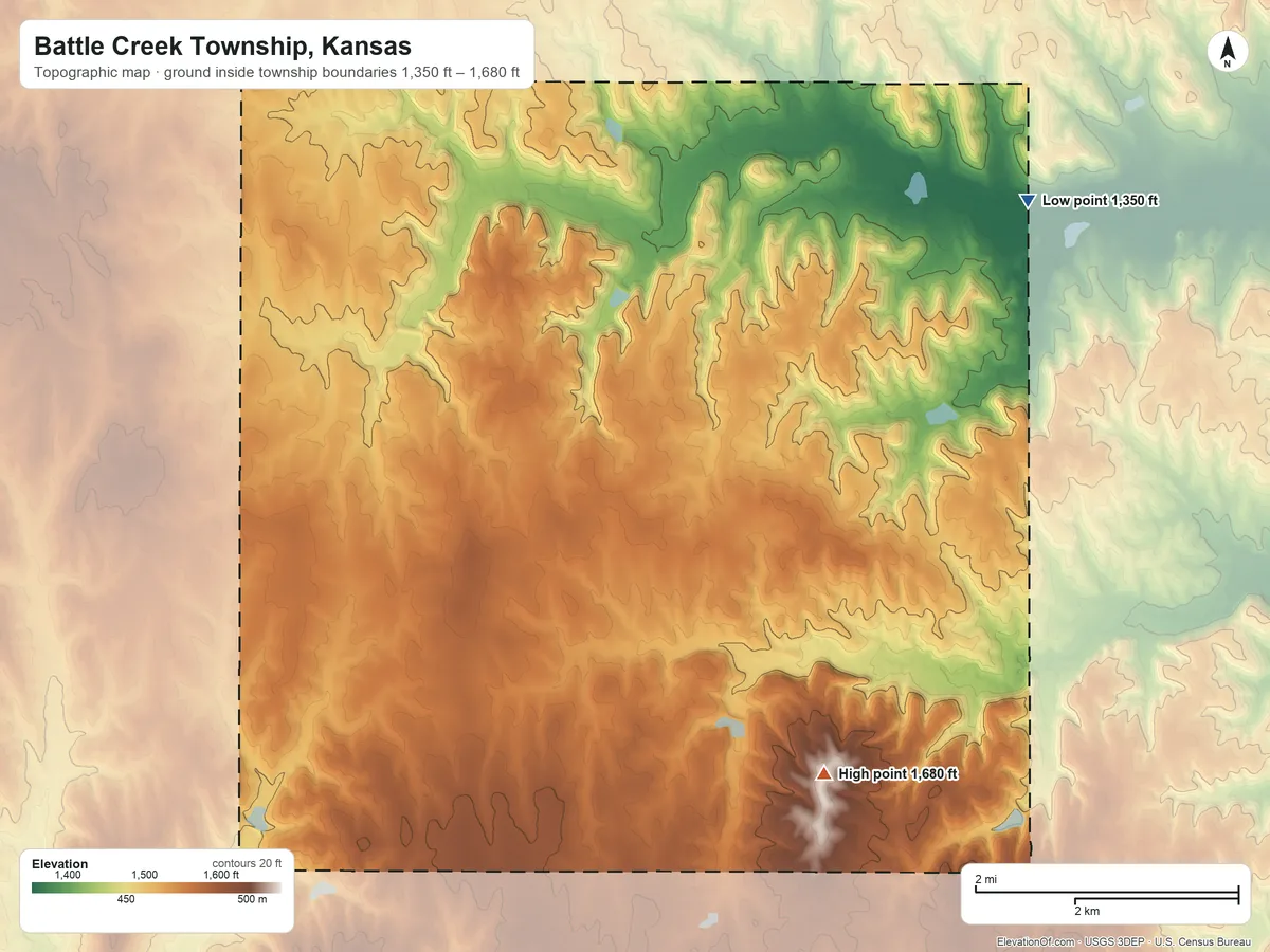 Topographic elevation map of Battle Creek Township, Kansas, shaded from 1,350 ft on the northeast side to 1,680 ft on the southeast side