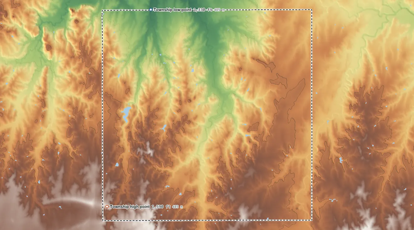 Topographic elevation map of Battle Hill Township, Kansas, shaded from 1,330 ft on the northwest side to 1,590 ft on the southwest side