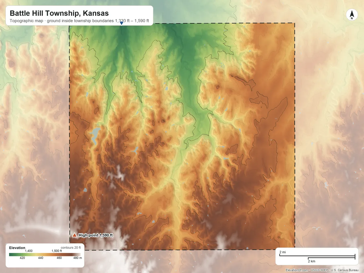 Topographic elevation map of Battle Hill Township, Kansas, shaded from 1,330 ft on the northwest side to 1,590 ft on the southwest side