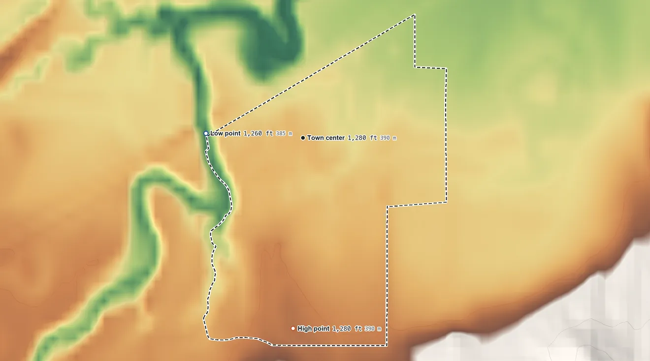 Topographic elevation map of Bavaria, Kansas, shaded from 1,260 ft on the west side to 1,280 ft on the south side