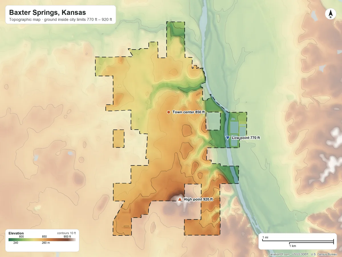 Topographic elevation map of Baxter Springs, Kansas, shaded from 770 ft on the southeast side to 920 ft on the south side