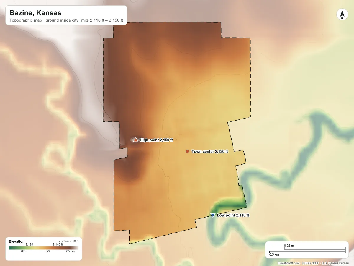 Topographic elevation map of Bazine, Kansas, shaded from 2,110 ft on the south side to 2,150 ft on the west side
