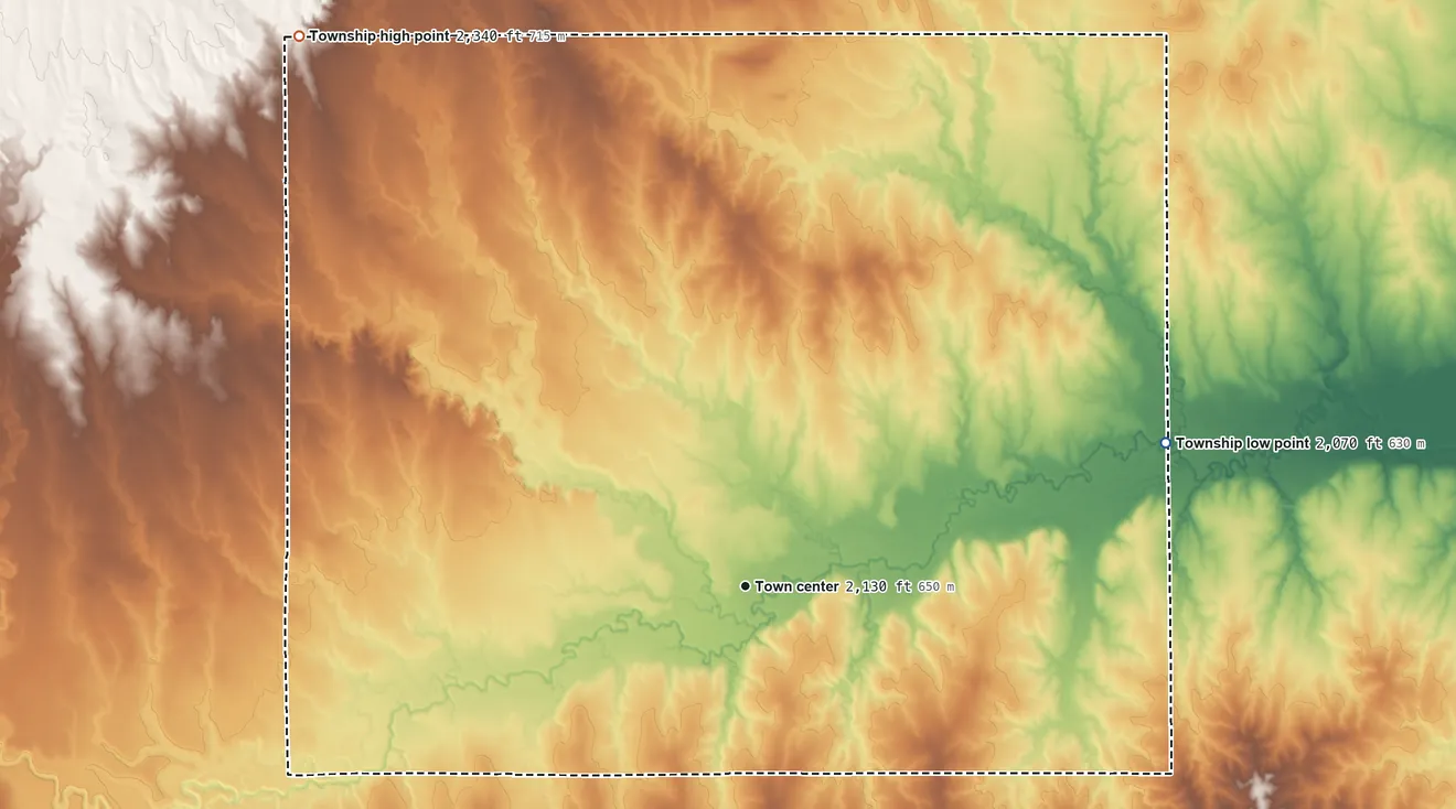 Topographic elevation map of Bazine Township, Kansas, shaded from 2,070 ft on the east side to 2,340 ft on the northwest side