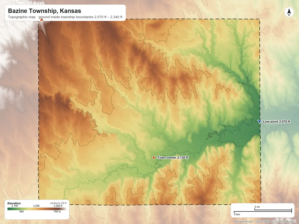 Topographic elevation map of Bazine Township, Kansas, shaded from 2,070 ft on the east side to 2,340 ft on the northwest side