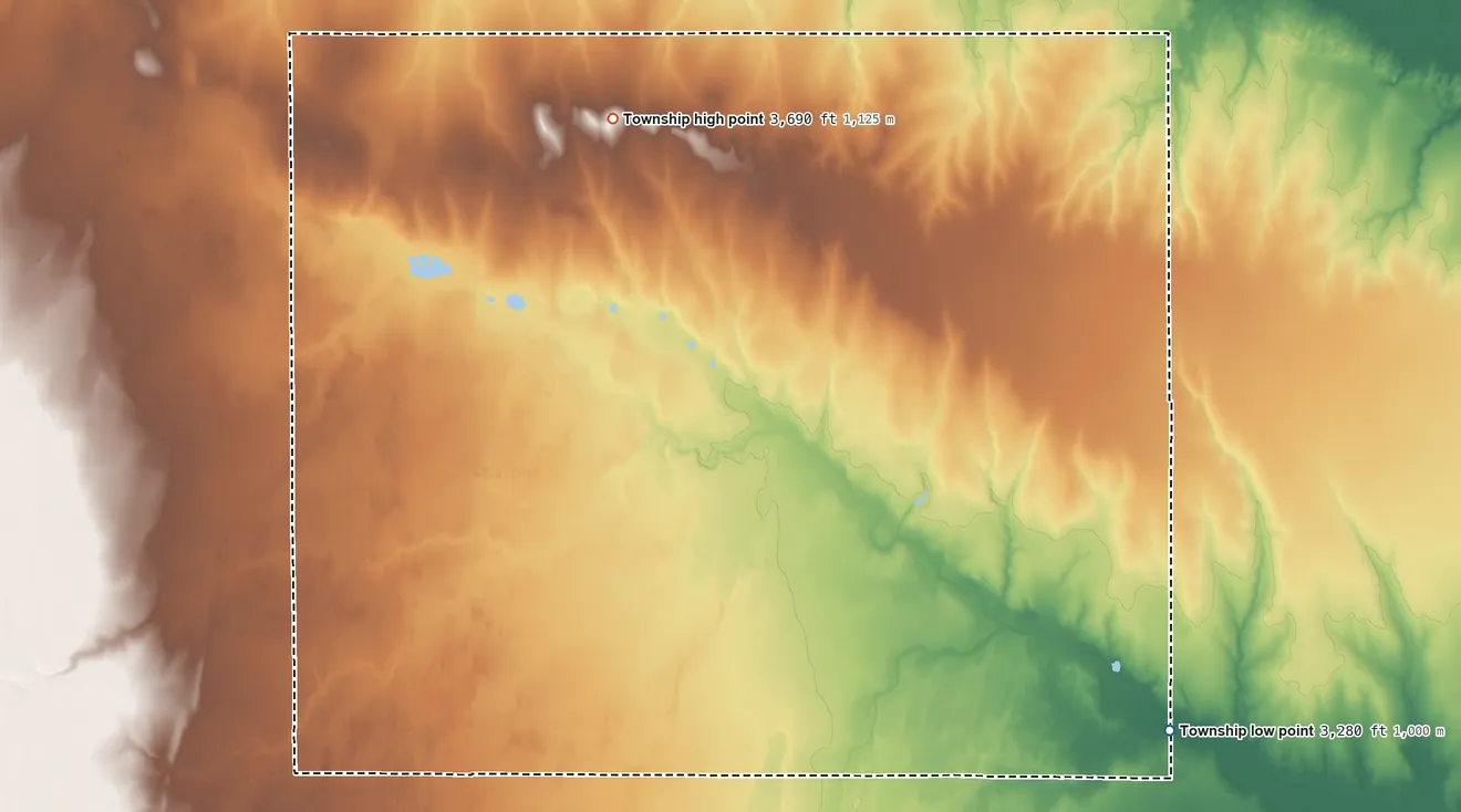 Topographic elevation map of Bear Creek Township, Kansas, shaded from 3,280 ft on the southeast side to 3,690 ft on the north side