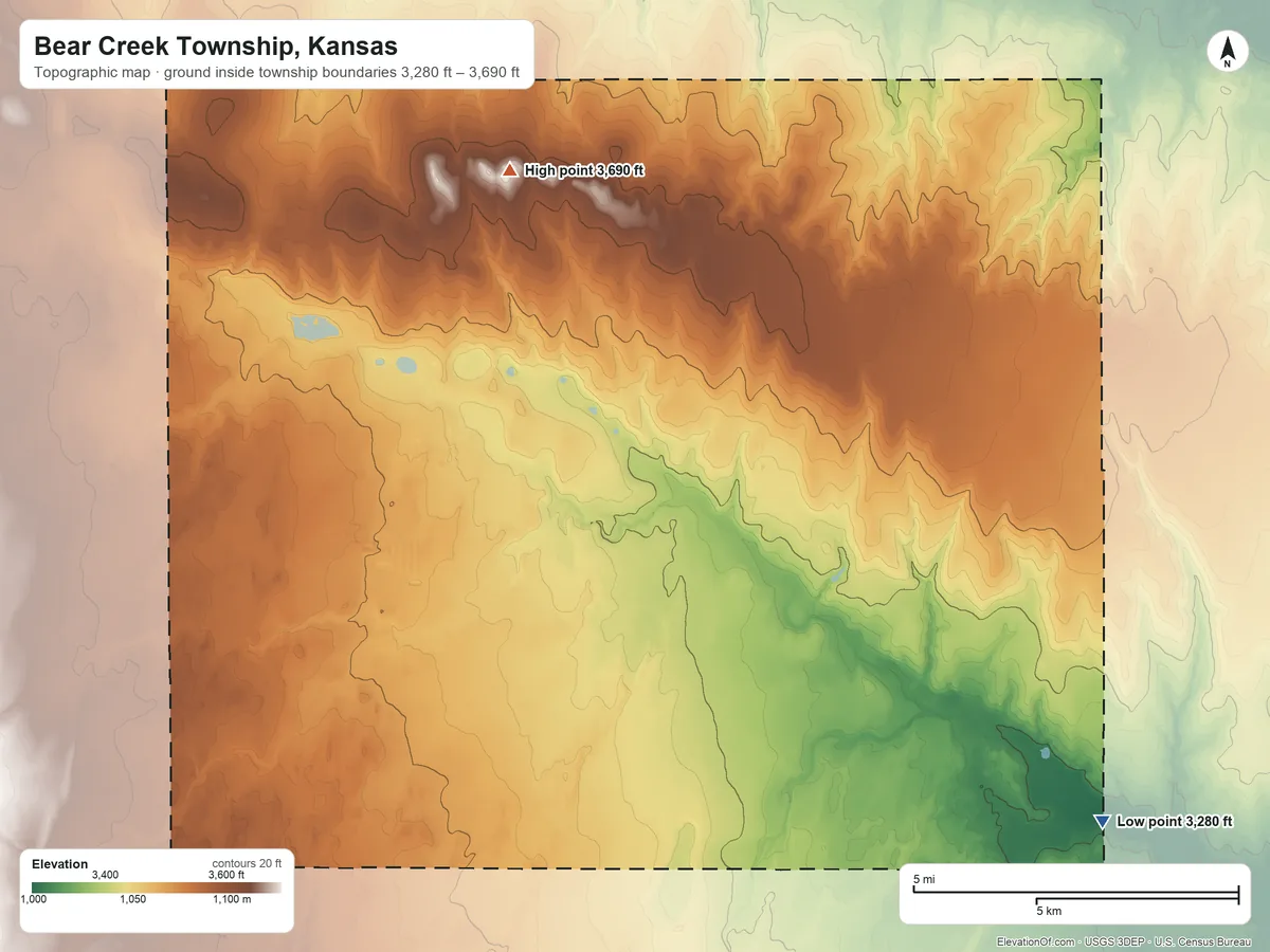 Topographic elevation map of Bear Creek Township, Kansas, shaded from 3,280 ft on the southeast side to 3,690 ft on the north side