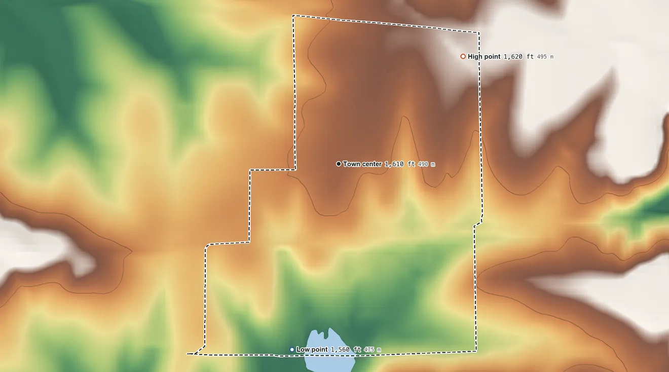 Topographic elevation map of Beaumont, Kansas, shaded from 1,560 ft on the south side to 1,620 ft on the northeast side