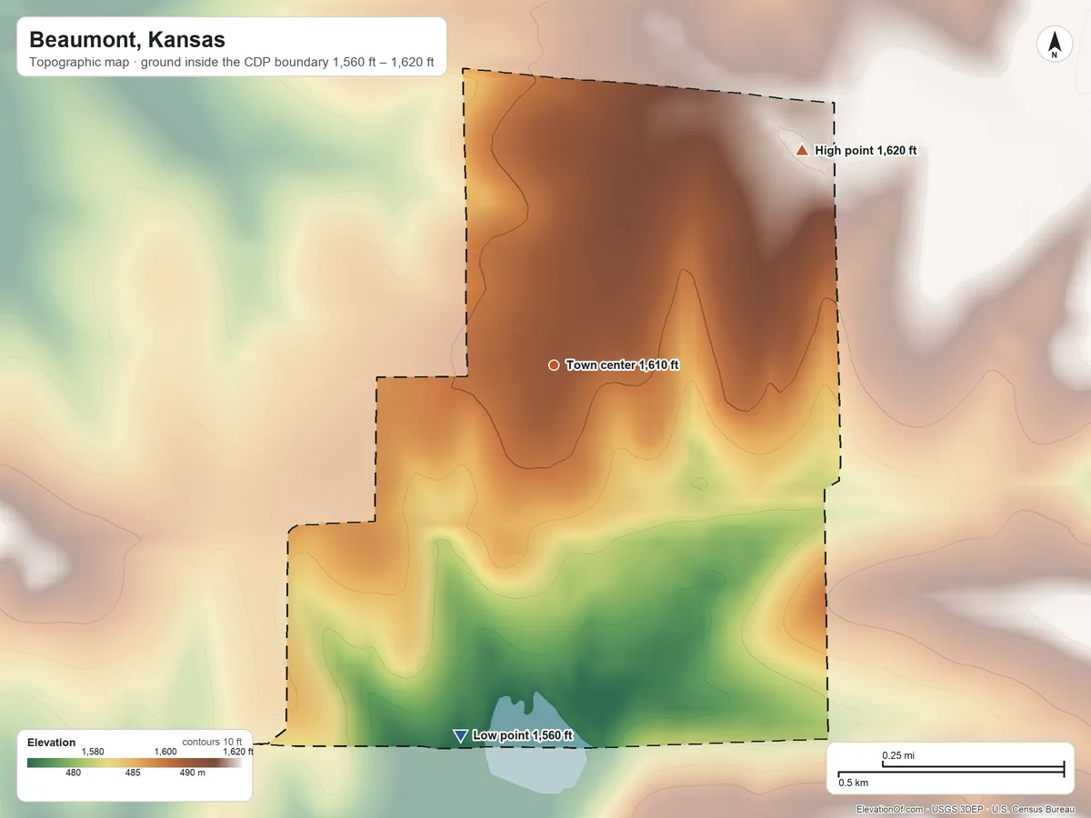 Topographic elevation map of Beaumont, Kansas, shaded from 1,560 ft on the south side to 1,620 ft on the northeast side
