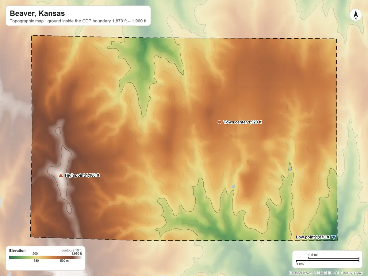 Topographic elevation map of Beaver, Kansas, shaded from 1,870 ft on the southeast side to 1,960 ft on the west side