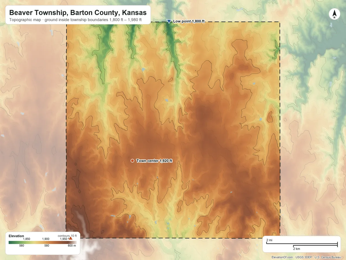 Topographic elevation map of Beaver Township, Barton County, Kansas, shaded from 1,800 ft on the north side to 1,980 ft on the southwest side