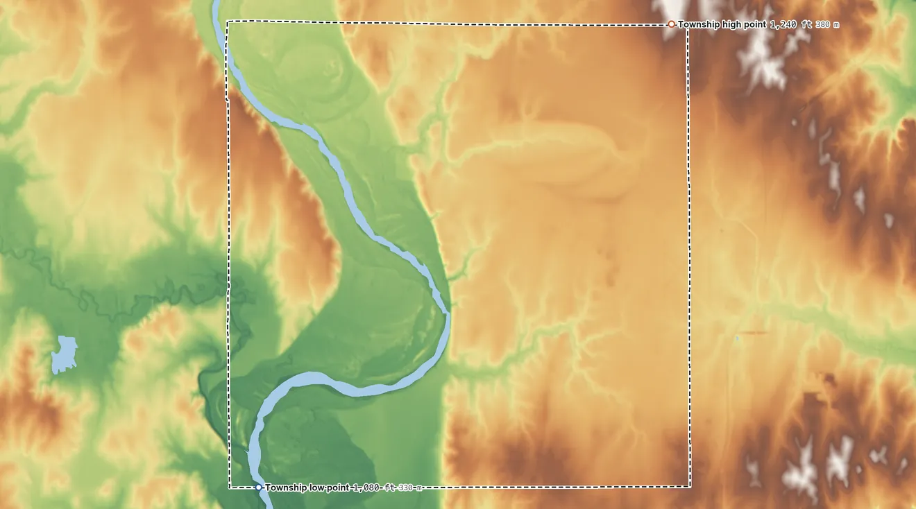 Topographic elevation map of Beaver Township, Cowley County, Kansas, shaded from 1,080 ft on the southwest side to 1,240 ft on the northeast side