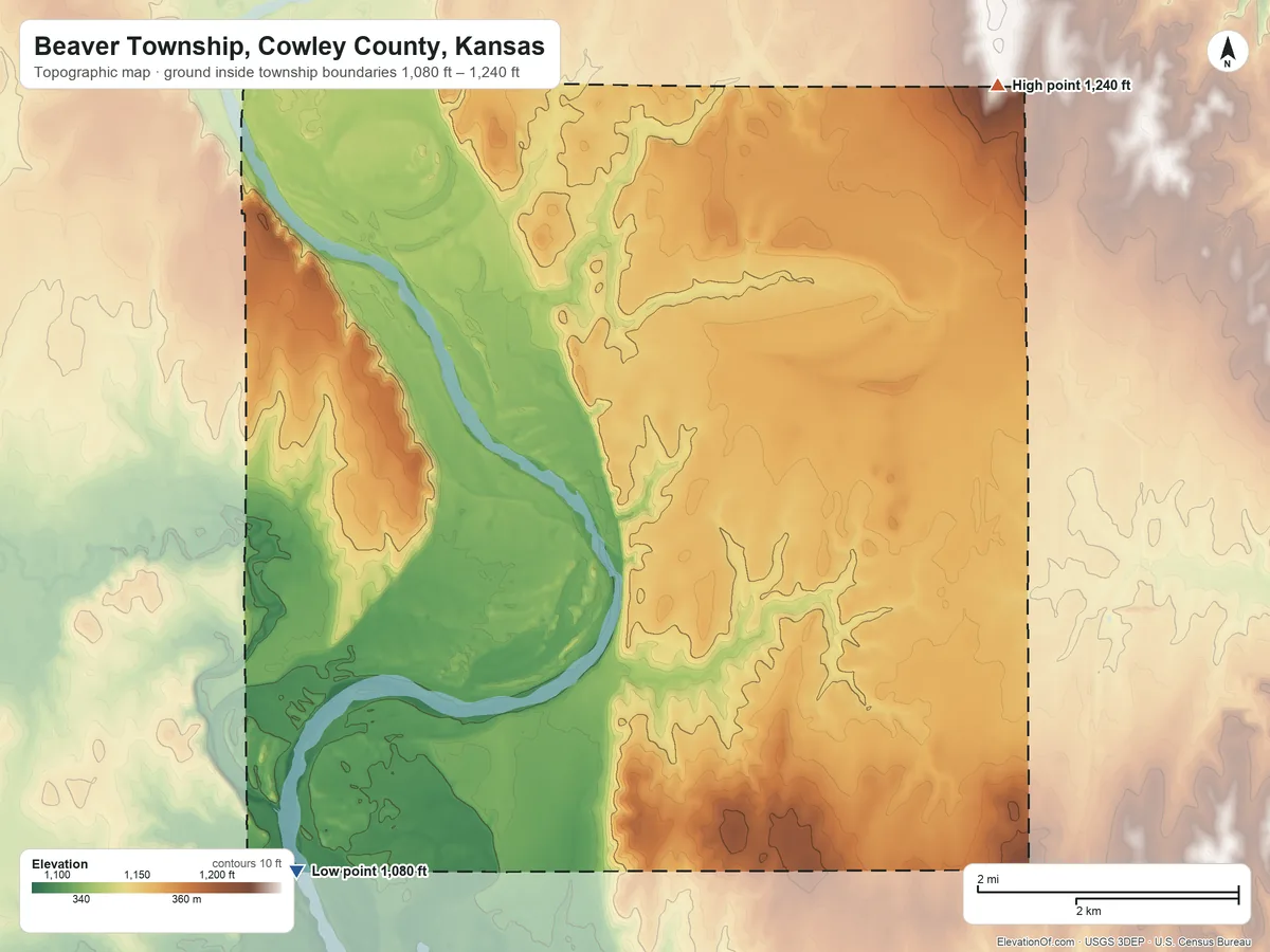 Topographic elevation map of Beaver Township, Cowley County, Kansas, shaded from 1,080 ft on the southwest side to 1,240 ft on the northeast side