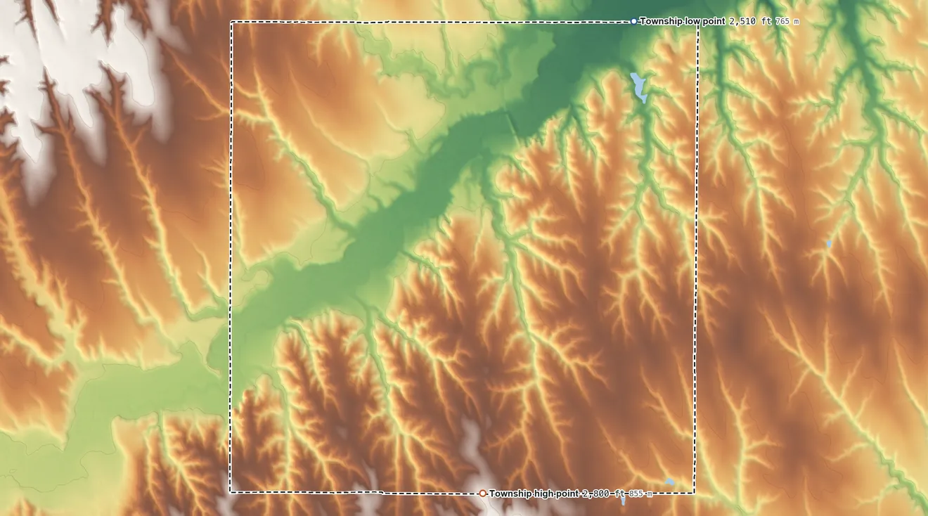 Topographic elevation map of Beaver Township, Decatur County, Kansas, shaded from 2,510 ft on the northeast side to 2,800 ft on the south side
