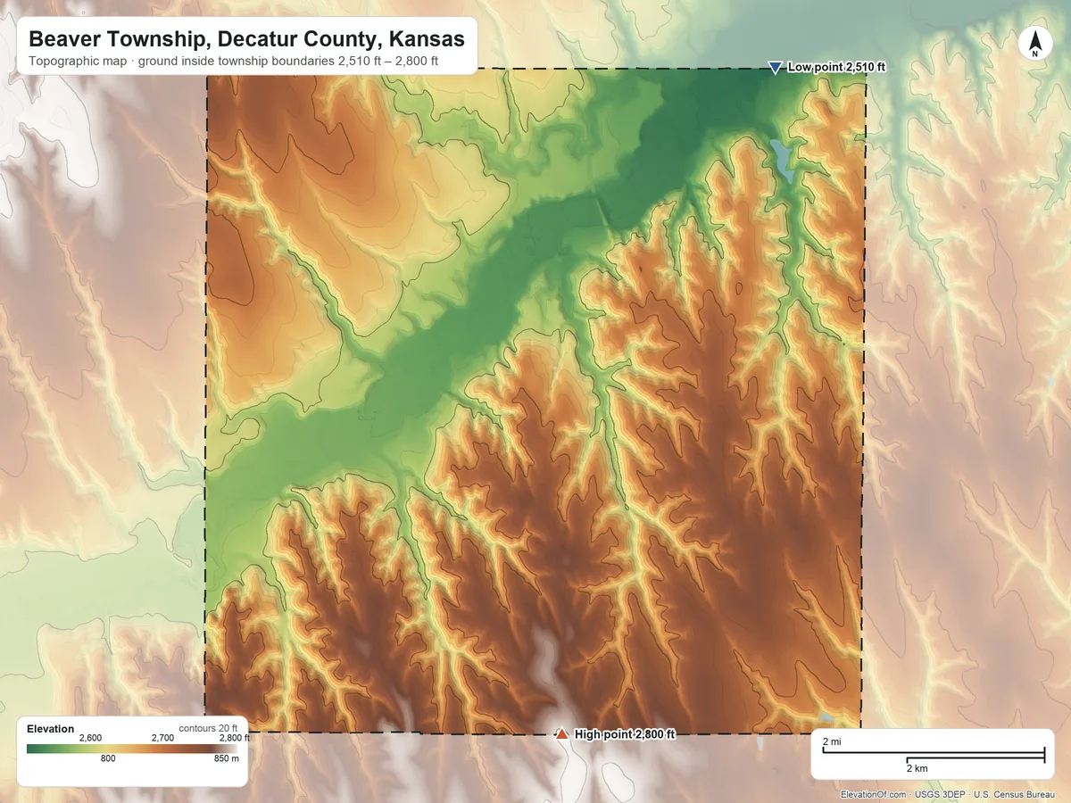 Topographic elevation map of Beaver Township, Decatur County, Kansas, shaded from 2,510 ft on the northeast side to 2,800 ft on the south side