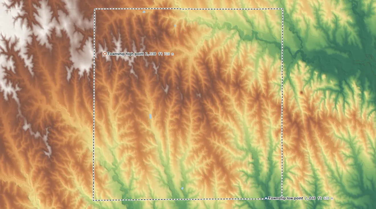 Topographic elevation map of Beaver Township, Phillips County, Kansas, shaded from 2,040 ft on the south side to 2,330 ft on the west side