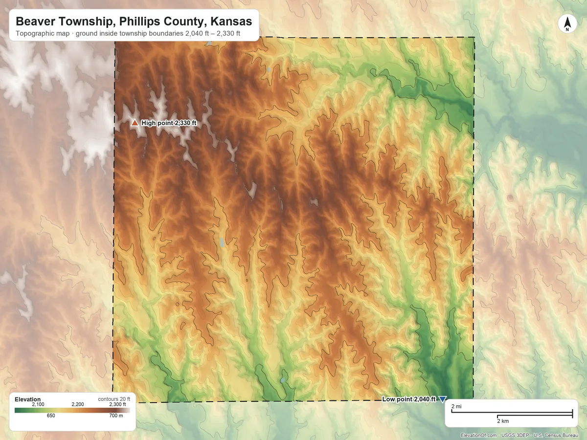 Topographic elevation map of Beaver Township, Phillips County, Kansas, shaded from 2,040 ft on the south side to 2,330 ft on the west side
