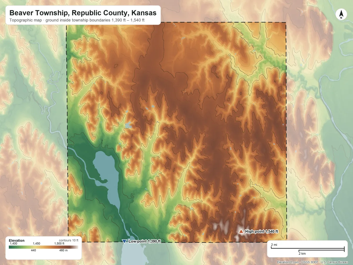 Topographic elevation map of Beaver Township, Republic County, Kansas, shaded from 1,390 ft on the south side to 1,540 ft on the southeast side