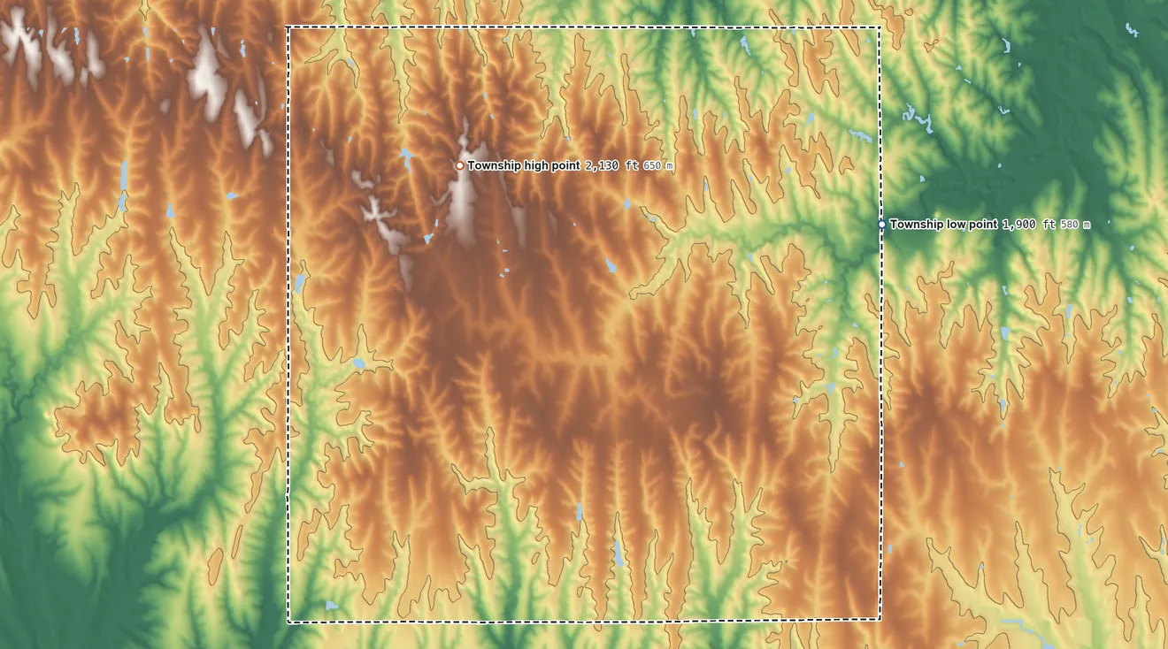 Topographic elevation map of Beaver Township, Smith County, Kansas, shaded from 1,900 ft on the northeast side to 2,130 ft on the north side