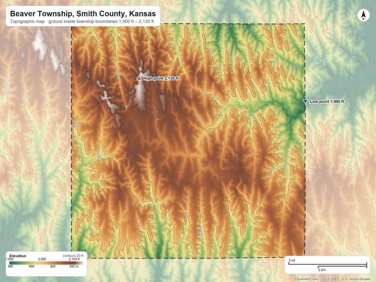 Topographic elevation map of Beaver Township, Smith County, Kansas, shaded from 1,900 ft on the northeast side to 2,130 ft on the north side
