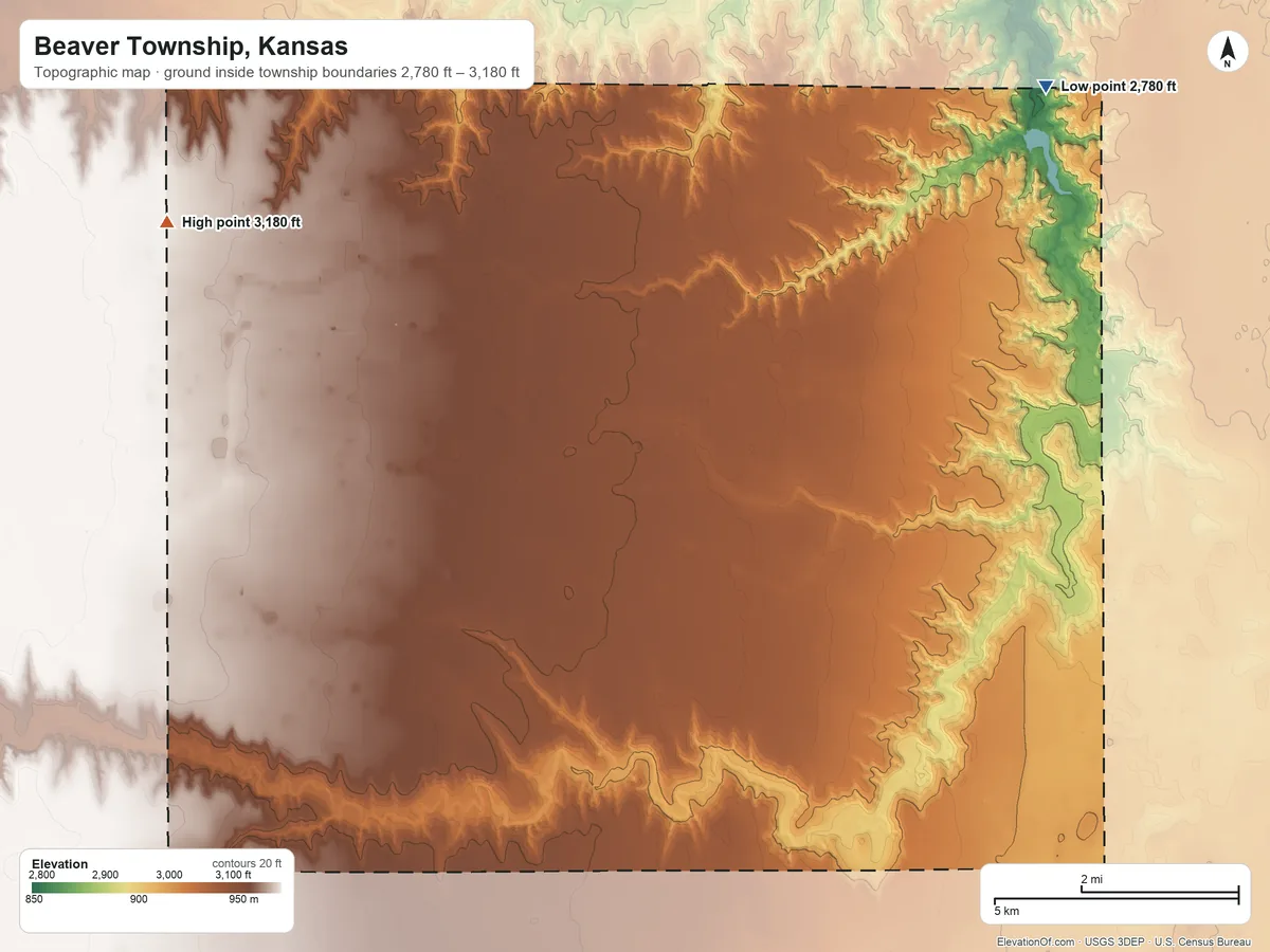 Topographic elevation map of Beaver Township, Kansas, shaded from 2,780 ft on the northeast side to 3,180 ft on the west side