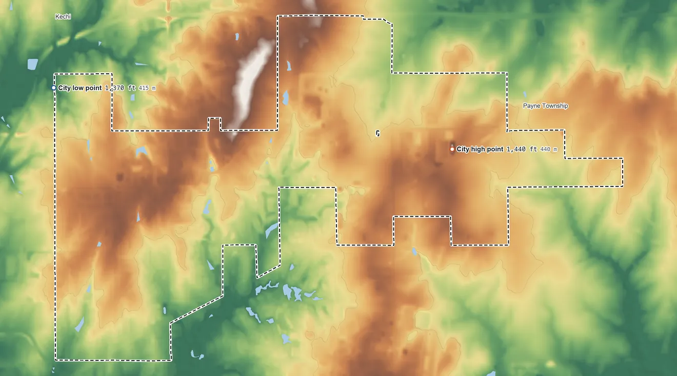 Topographic elevation map of Bel Aire, Kansas, shaded from 1,370 ft on the northwest side to 1,440 ft on the east side