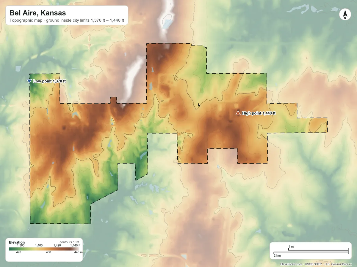 Topographic elevation map of Bel Aire, Kansas, shaded from 1,370 ft on the northwest side to 1,440 ft on the east side