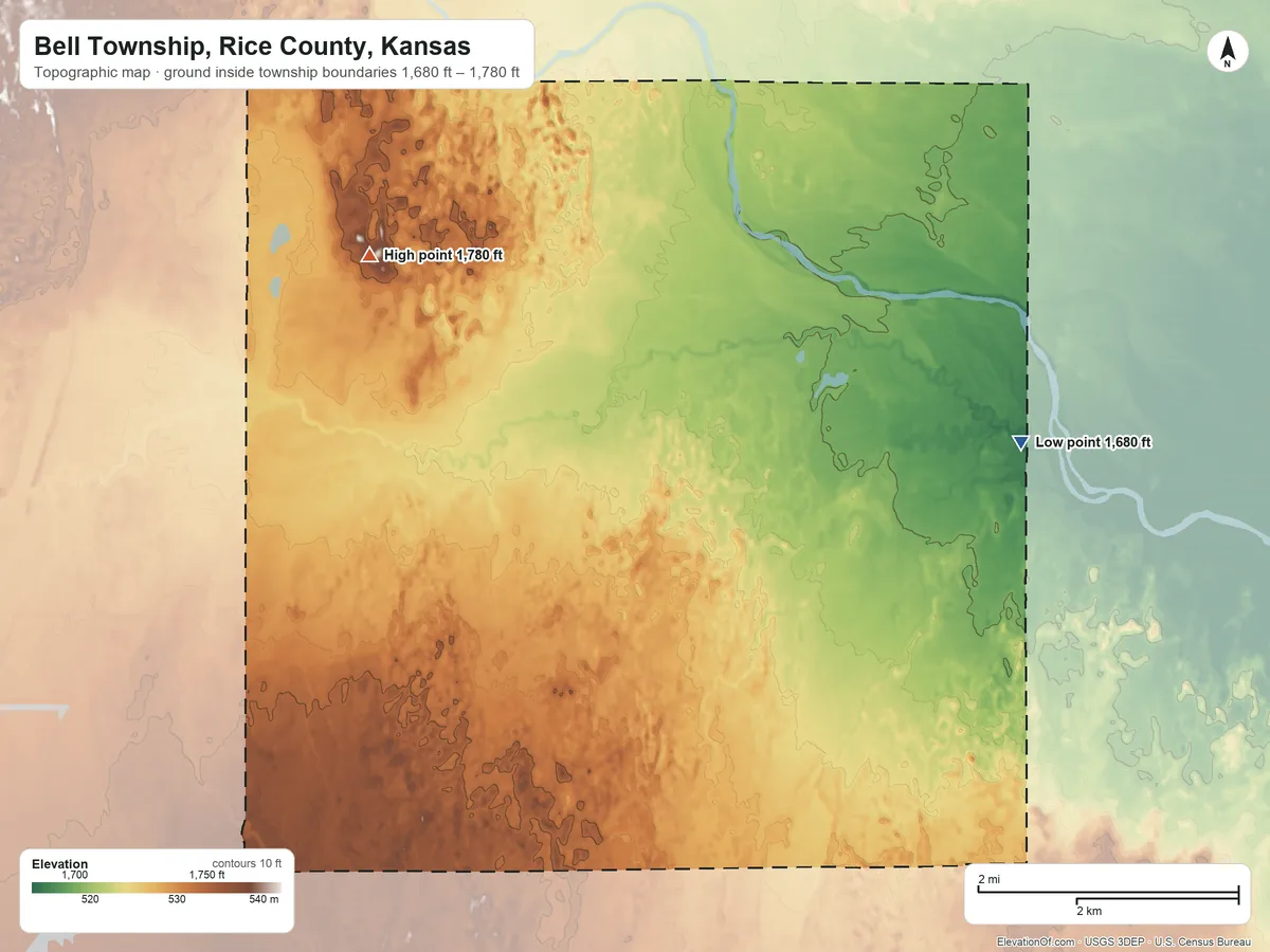 Topographic elevation map of Bell Township, Rice County, Kansas, shaded from 1,680 ft on the south side to 1,780 ft on the west side