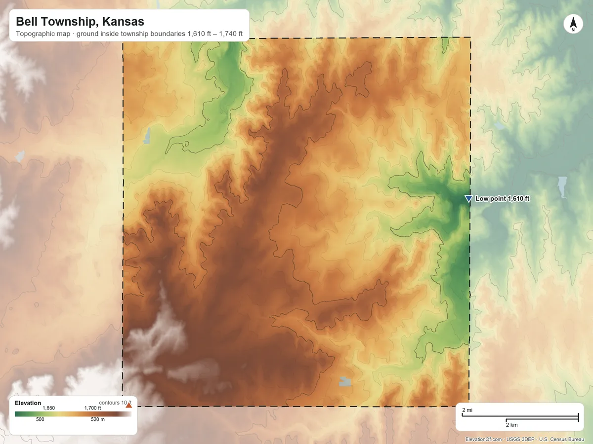 Topographic elevation map of Bell Township, Kansas, shaded from 1,610 ft on the east side to 1,740 ft on the southwest side