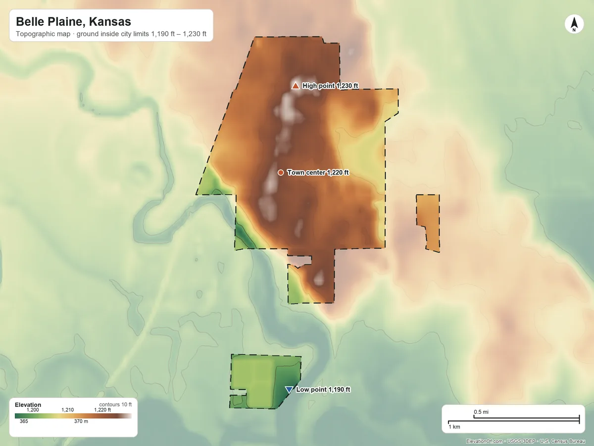 Topographic elevation map of Belle Plaine, Kansas, shaded from 1,190 ft on the south side to 1,230 ft on the north side
