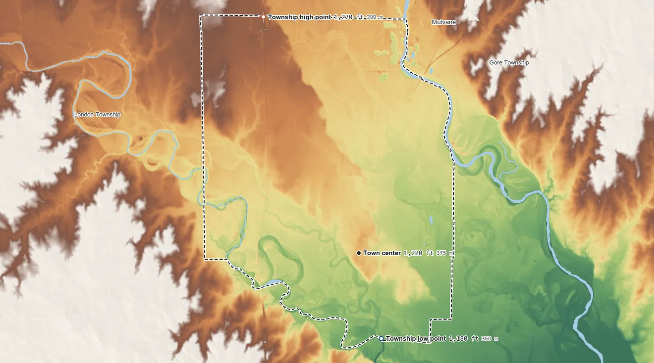 Topographic elevation map of Belle Plaine Township, Kansas, shaded from 1,180 ft on the south side to 1,270 ft on the north side