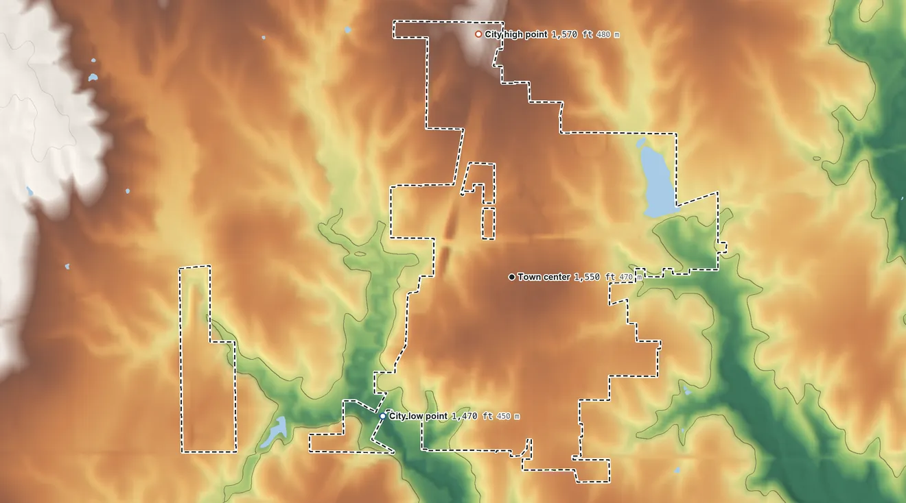 Topographic elevation map of Belleville, Kansas, shaded from 1,470 ft on the southwest side to 1,570 ft on the north side