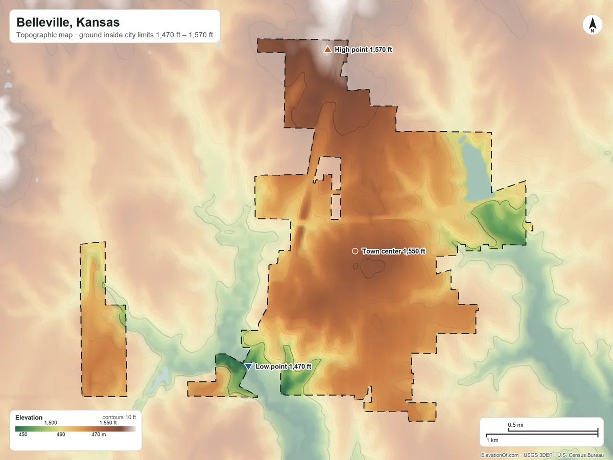 Topographic elevation map of Belleville, Kansas, shaded from 1,470 ft on the southwest side to 1,570 ft on the north side