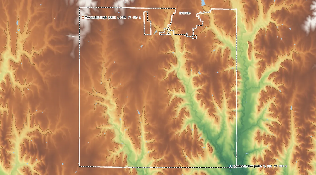 Topographic elevation map of Belleville Township, Republic County, Kansas, shaded from 1,380 ft on the southeast side to 1,590 ft on the west side
