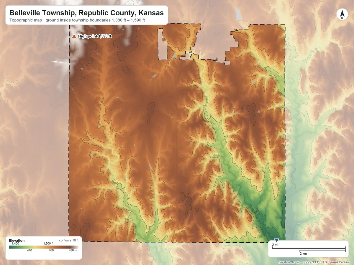 Topographic elevation map of Belleville Township, Republic County, Kansas, shaded from 1,380 ft on the southeast side to 1,590 ft on the west side